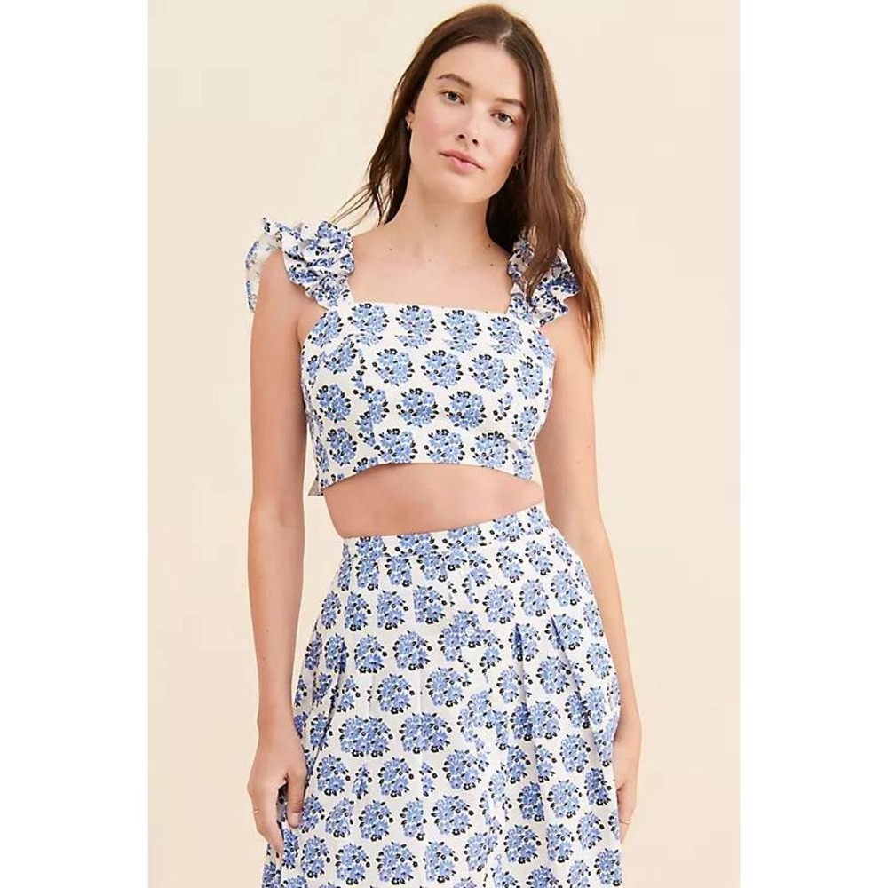 Yumi‎ Kim Blue Floral Ruffle Strap Tie Back Crop Top Medium NWT